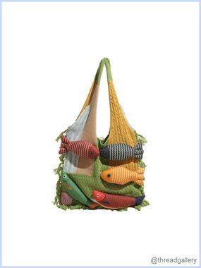 CGBCGB 3D Fish Knitted Hobo Bag Women's Shoulder Bag Bohemian Tassel Mesh